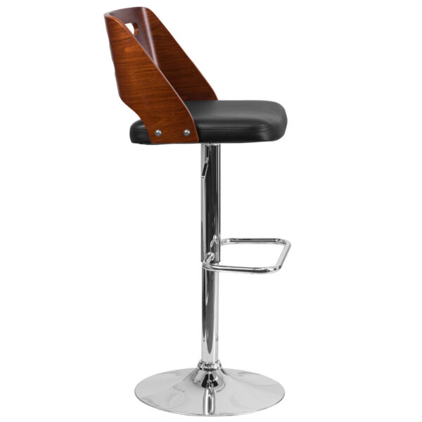 Lowest Price Walnut Bentwood Adjustable Height Barstool with Side Panel Slot Back and Black Vinyl Seat