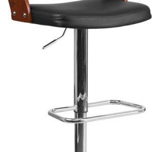 Wholesale Walnut Bentwood Adjustable Height Barstool with Side Panel Slot Back and Black Vinyl Seat