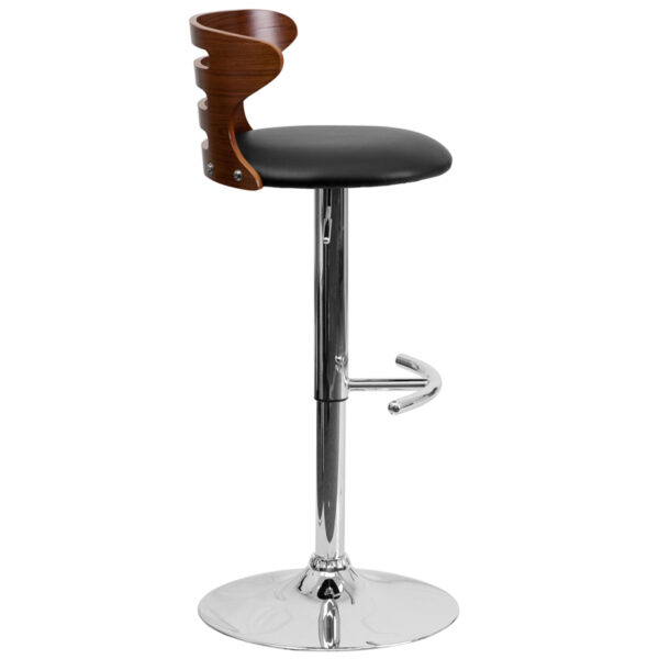 Lowest Price Walnut Bentwood Adjustable Height Barstool with Three Slot Cutout Back and Black Vinyl Seat