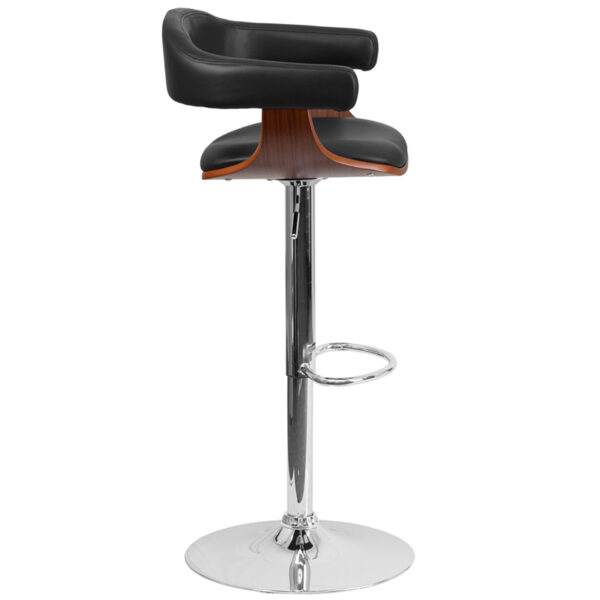 Lowest Price Walnut Bentwood Adjustable Height Barstool with Upholstered Wrap Style Arms and Black Vinyl Seat