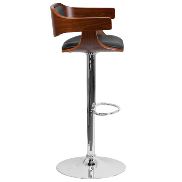 Lowest Price Walnut Bentwood Adjustable Height Barstool with Wrap Style Arms and Black Vinyl Seat