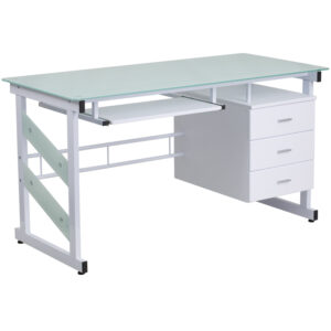 Wholesale White Computer Desk with Frosted Glass Top and Three Drawer Pedestal