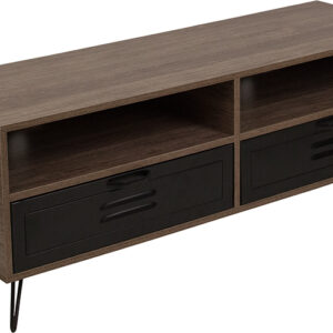 Wholesale Woodridge Collection Rustic Wood Grain Finish TV Stand with Metal Drawers and Black Metal Legs