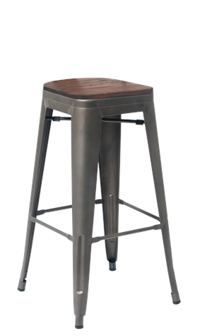 Indoor Steel Barstool without Back in Gun Metal Color, Elmwood Seat in Walnut