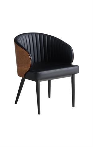 Indoor Black Steel Chair with Wood Grain Back and Vinyl Upholstery