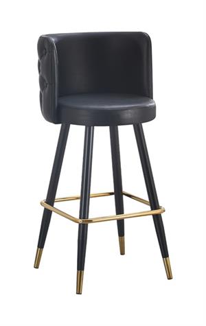 Button Tufted Back Indoor Metal Barstool with Black Vinyl Seat and Gold-Tipped Legs & Gold Footrest