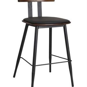 Indoor Black Metal Barstool with Walnut Elmwood Back and Black Vinyl Seat