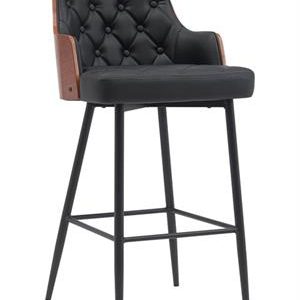 Classic Indoor Metal Barstool with Tufted Black Faux Leather Upholstery and Veneer Backrest