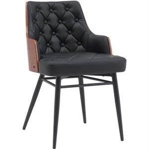 Classic Indoor Metal Chair with Tufted Black Faux Leather Upholstery and Veneer Backrest