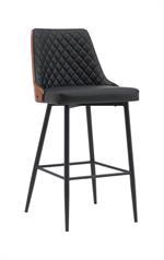 Chic Metal Dining Barstool with Diamond-Quilted Black Upholstery & Veneer Backrest for Indoor Use - Image 2