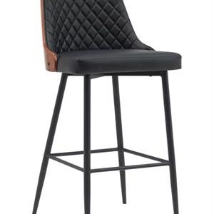 Chic Metal Dining Barstool with Diamond-Quilted Black Upholstery & Veneer Backrest for Indoor Use