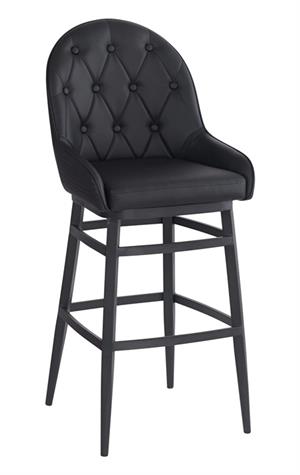 Elegant Black Metal Arm Barstool with Diamond-Pattern Tufted Backrest and Padded Vinyl Seat, Indoor Use