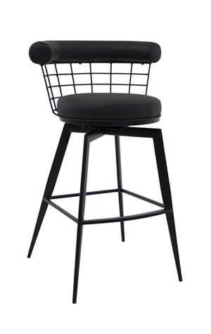 Stylish Indoor Black Swivel Barstool with Black Upholstered Cushion and Metal Wire Backrest