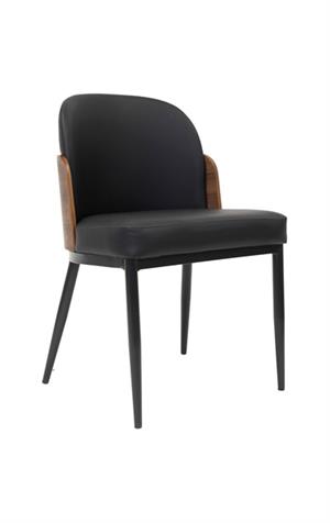 Black Metal Chair with Walnut Veneer Backrest and Padded Seat, Indoor Use