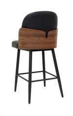 Black Metal Barstool with Walnut Veneer Backrest and Padded Seat, Indoor Use - Image 3