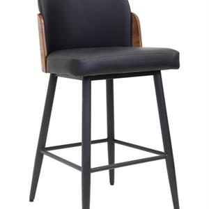 Black Metal Barstool with Walnut Veneer Backrest and Padded Seat, Indoor Use