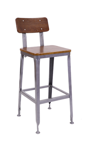 Indoor Steel Barstool in New Gunmetal Color, ElmWood Back & Seat in Light Walnut Color