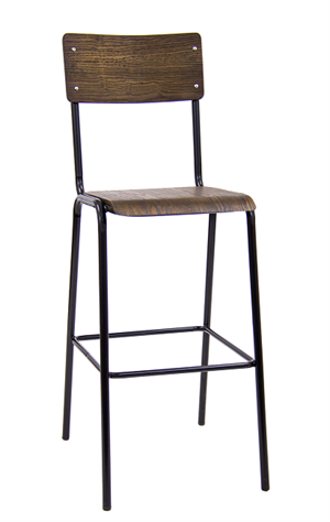 Black Metal Bar Stool with Veneer Back & Seat