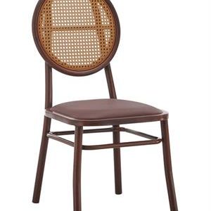 Indoor Metal Chair with Poly Woven Backrest and Cushioned Mahogany Vinyl Seat