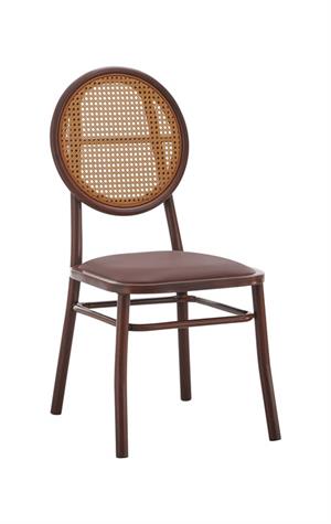 Indoor  Metal Chair with Poly Woven Backrest and Cushioned Mahogany Vinyl Seat