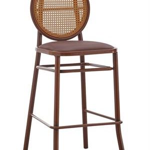 Indoor Metal Barstool with Poly Woven Backrest and Cushioned Mahogany Vinyl Seat