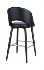 Black Upholstered Indoor Barstool with Dark Walnut Metal Woodgrain Legs & Chrome Footrest - Image 3