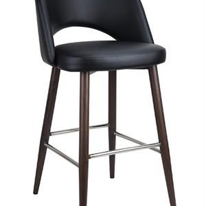 Black Upholstered Indoor Barstool  with Dark Walnut Metal Woodgrain Legs & Chrome Footrest