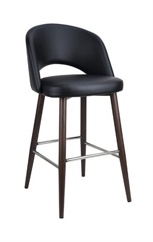Black Upholstered Indoor Barstool  with Dark Walnut Metal Woodgrain Legs & Chrome Footrest