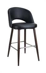 Black Upholstered Indoor Barstool with Dark Walnut Metal Woodgrain Legs & Chrome Footrest - Image 2
