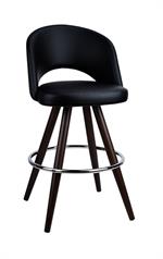 Black Upholstered Indoor Barstool with Dark Walnut Metal Woodgrain Legs & Chrome Footrest - Image 5