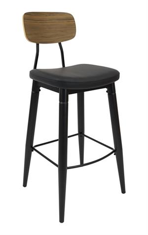 Black Metal Bar Stool with Veneer Back & Black Vinyl Seat