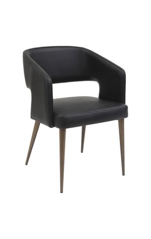 Open-Back Wood Grain Metal Framed Chair with Black Vinyl Seat and Back.