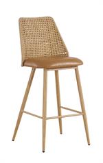 Indoor Metal Barstool with Angled Plastic Rattan Back and Tan Vinyl Seat - Image 2