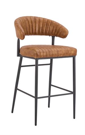 Camel Brown Vinyl Upholstered Indoor Barstool with Black Metal Frame and Ribbed Seat Design