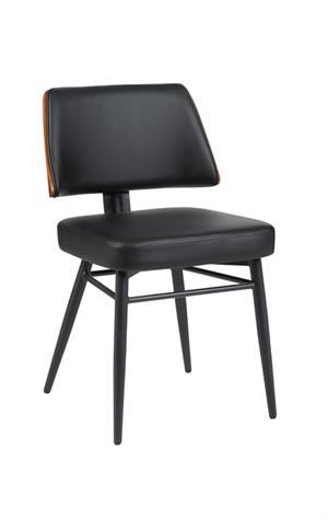 Indoor Black Upholstered Dining Chair with Walnut Veneer Outer Back and Black Metal Frame