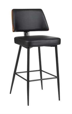 Indoor Black Upholstered  Barstool with Walnut Veneer Outer Back and Black Metal Frame