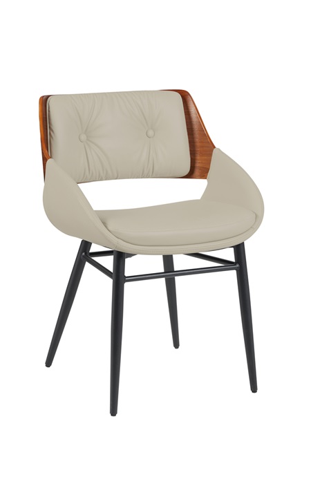 Indoor Cream Vinyl Dining Armchair with Button-Tufted Back and Walnut Veneer Outer Back