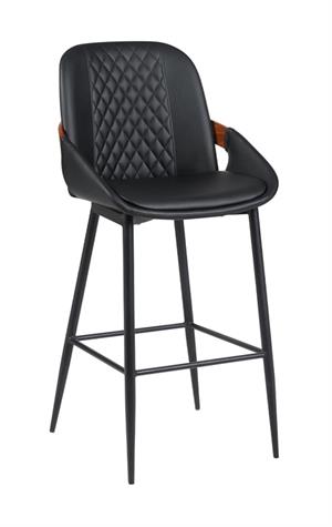 Indoor Black Vinyl Metal Armed Barstool with Diamond-Stitched Back and Walnut Veneer Accent