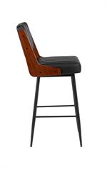 Indoor Black Metal Barstool with Black Vinyl Seat and Walnut Veneer Back Supports - Image 4