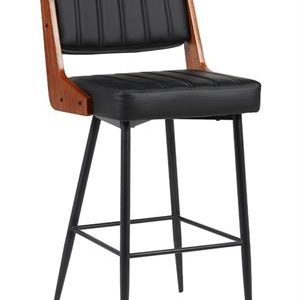 Indoor Black Metal Barstool with Black Vinyl Seat and Walnut Veneer Back Supports