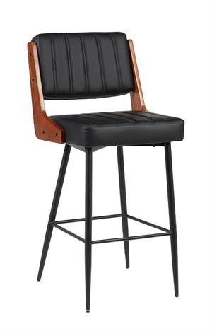 Indoor Black Metal Barstool with Black Vinyl Seat and Walnut Veneer Back Supports