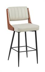 Indoor Black Metal Barstool with Black Vinyl Seat and Walnut Veneer Back Supports - Image 6