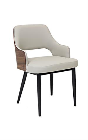 Modern Indoor Armchair with White Padded Vinyl, Walnut Back Panel, and Black Metal Legs