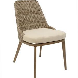 Outdoor Aluminum Chair In Wood Grain Finish with Wicker Woven Back & Ivory Cushioned Seat