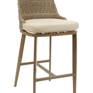 Outdoor Aluminum Barstool In Wood Grain Finish with Wicker Woven Back & Ivory Cushioned Seat