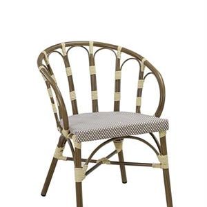 Indoor/Outdoor Arm Chair with Poly Woven Rattan Seat and Walnut Aluminum Frame