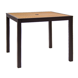 36 x 36 Indoor/ Outdoor Aluminum Table in Rust Color 1.5" Umbrella Hole, Imitation Teak Slats