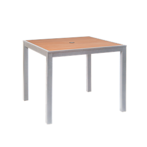 36 x 36 Indoor/ Outdoor Aluminum Table in Silver Finish 1.5" Umbrella Hole, Imitation Teak Slats