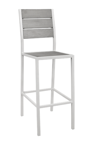 White Steel Barstool with Horizontal Imitation Teak Horizontal Slat Back & Seat in Light Grey