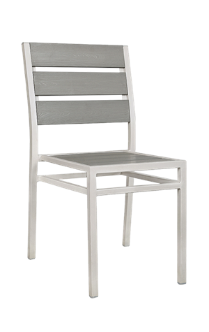 White Steel Chair with Horizontal Imitation Teak Horizontal Slat Back & Seat in Light Grey